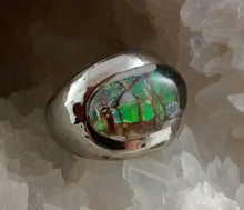 Load image into Gallery viewer, Large Silver-Plated Ring with Green Ammolite Setting
