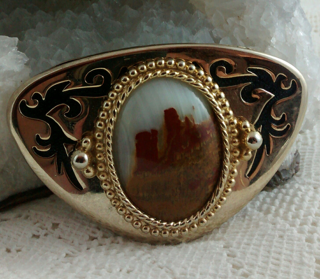 Gold and Black Belt Buckle with Picture Agate