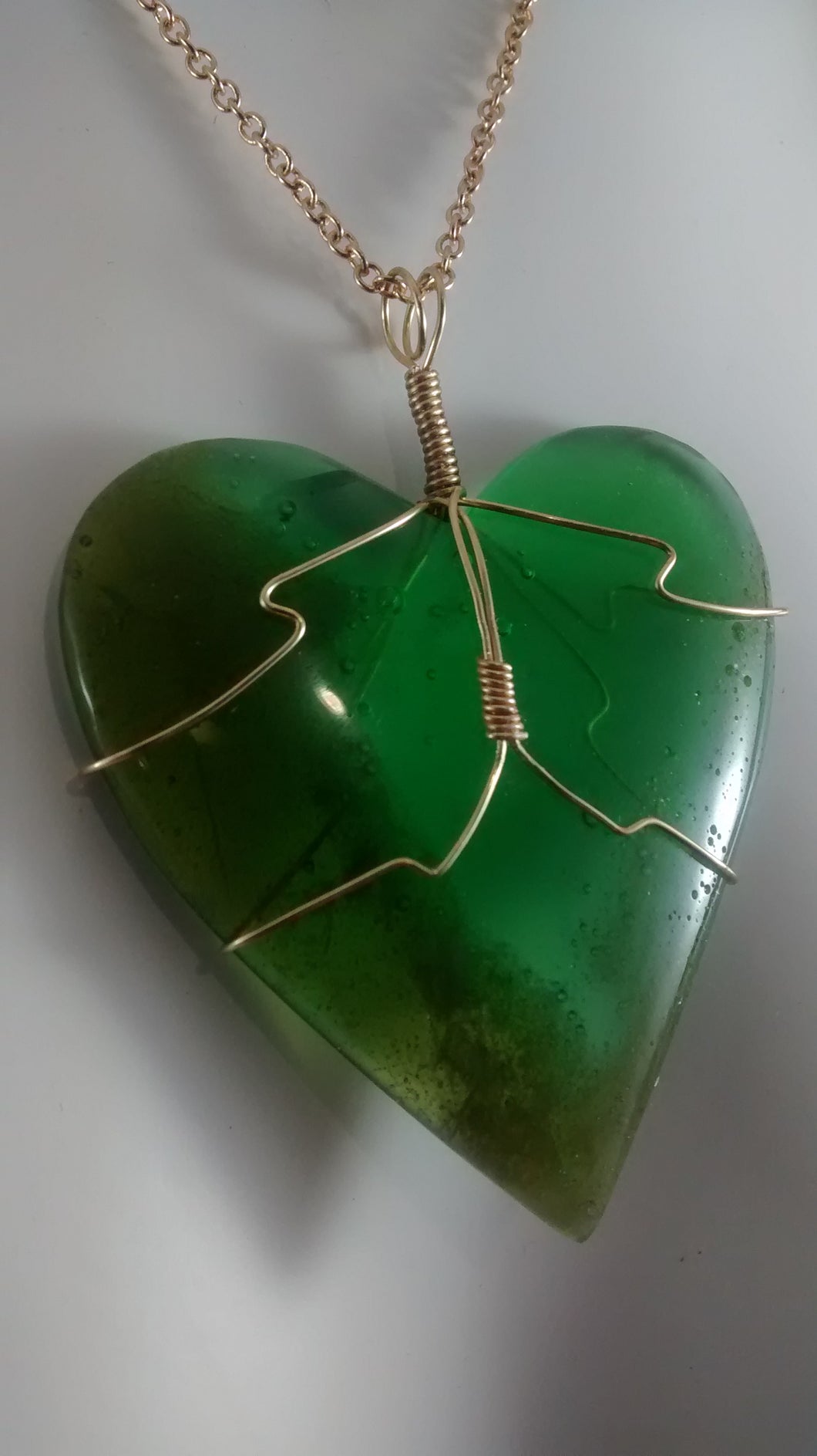 Large Green Glass Wire-wrapped Heart-shaped Necklace