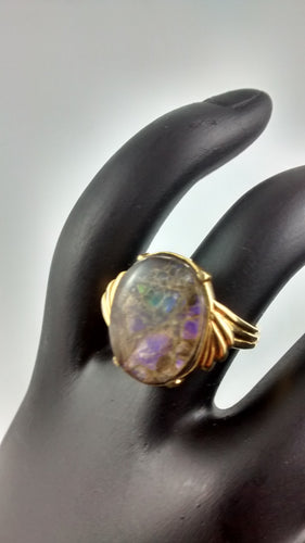 Gold-Plated Ammolite Ring with Purple Tones