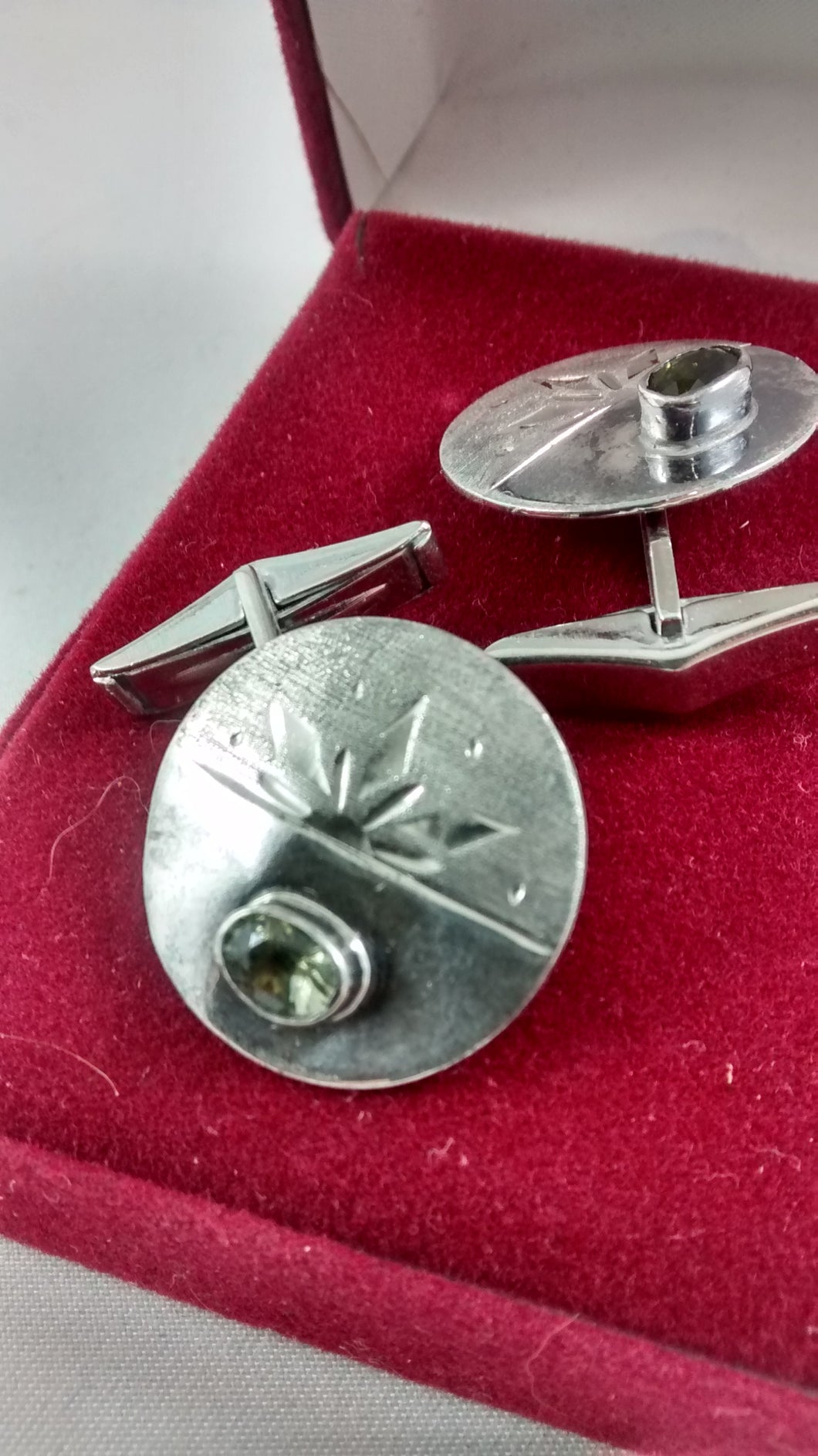 Designed Silver and Moldavite Cufflinks